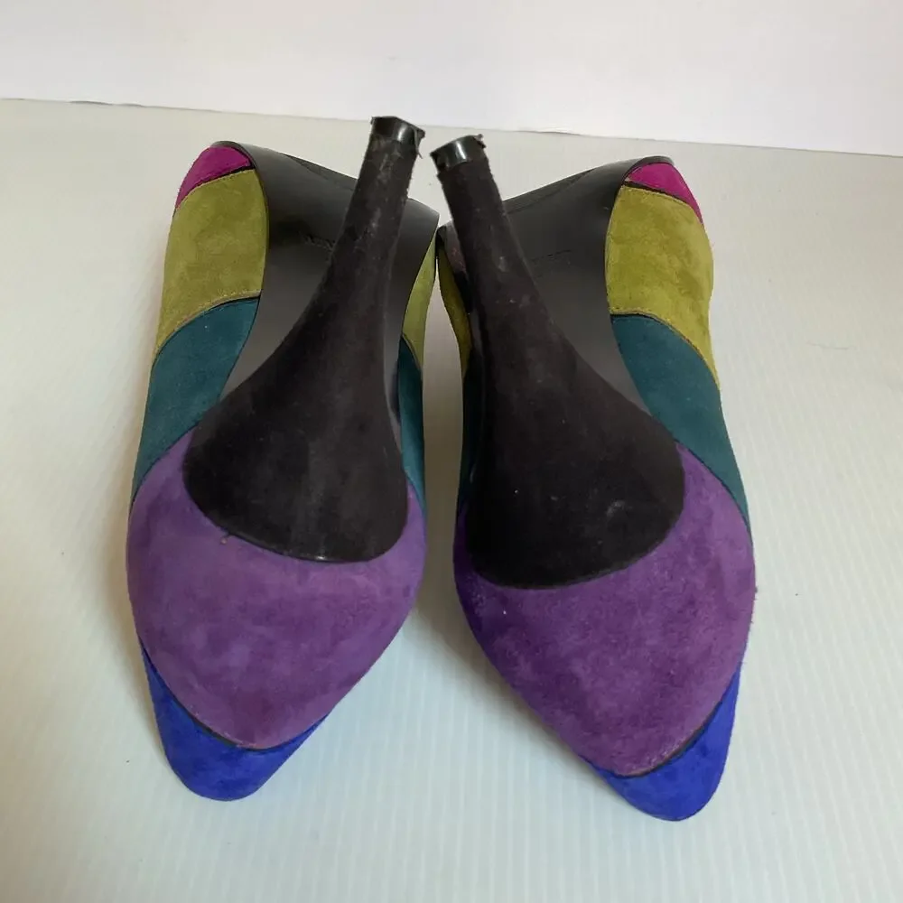 Vintage Nine West Multicolor Suede Patchwork  Retro Y2K  Peep Toe Heels  7.5M